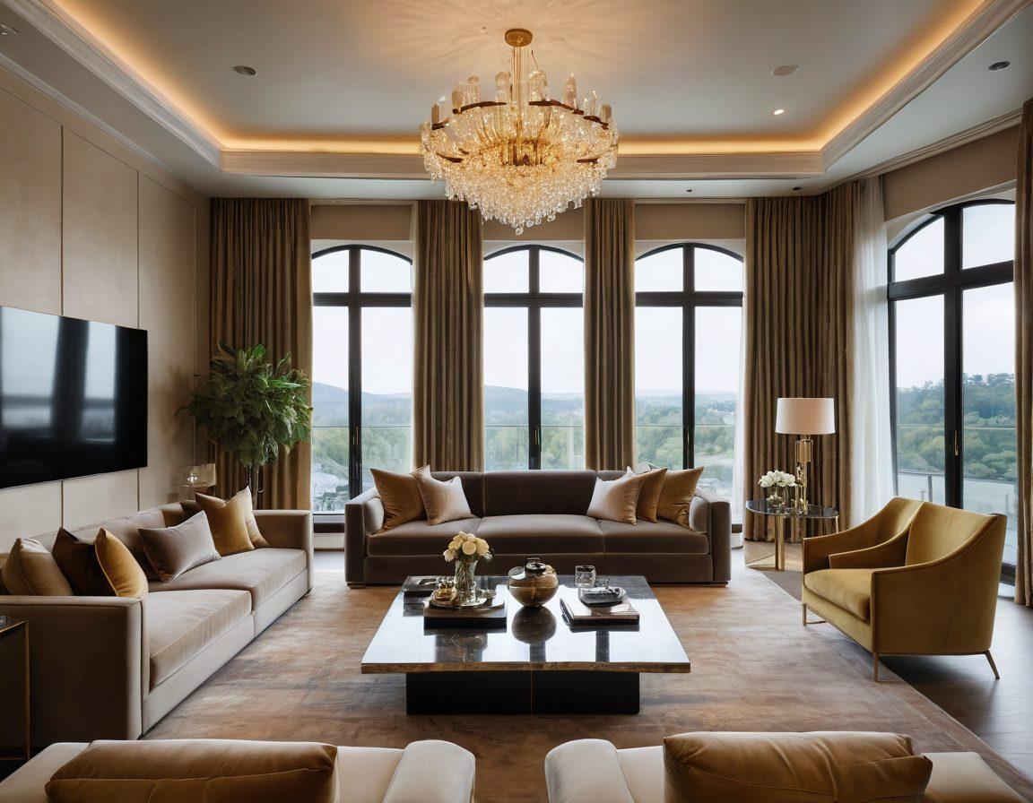 A luxurious living room featuring an extravagant television setup, plush velvet sofas, and gold accents. Soft ambient lighting casts a warm glow over the scene, showcasing high-end technology juxtaposed with elegant décor. A serene landscape view through large windows enhances the atmosphere. Artistic elements like stylish coffee tables and exquisite artwork contribute to the opulence. super-realistic. vibrant colors. elegant and modern design.