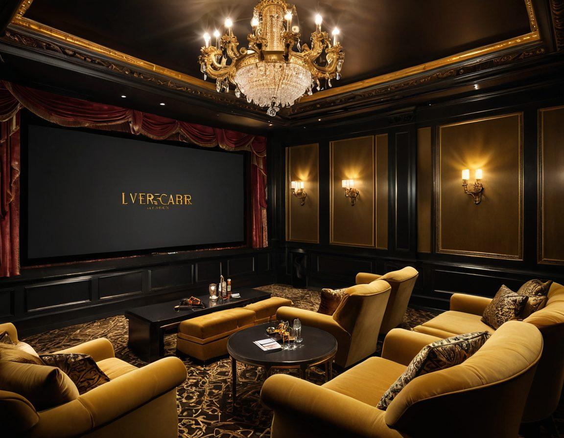 A lavish home theater setting, showcasing plush velvet seating, an ornate chandelier casting golden light, and a massive screen displaying a vibrant movie scene. Include elegant decor with rich textures and a mini bar stocked with premium drinks. Capture a sense of opulence and comfort, inviting viewers to immerse in luxurious entertainment. super-realistic. warm tones. elegant ambiance.
