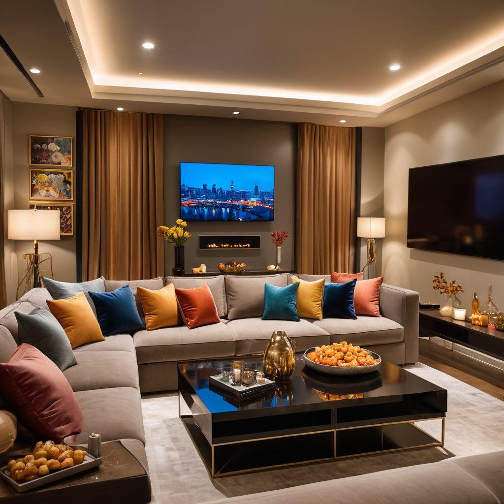 A cozy living room featuring a lavish, oversized sofa with plush cushions, a sleek flat-screen television displaying vibrant scenes, and elegantly arranged mood lighting. A stylish coffee table adorned with gourmet snacks and a chic centerpiece reflects a sophisticated lifestyle. Surrounding the space, artwork and tasteful decor exude luxury and comfort. super-realistic. warm tones. soft focus.